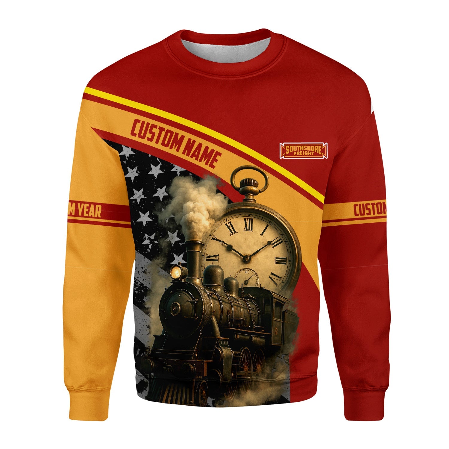 Railspirit Personalized Chicago South Shore and South Bend Railroad Sweatshirt Classic Steam Engine With Retro Pocket Watch Shirt All Over Print