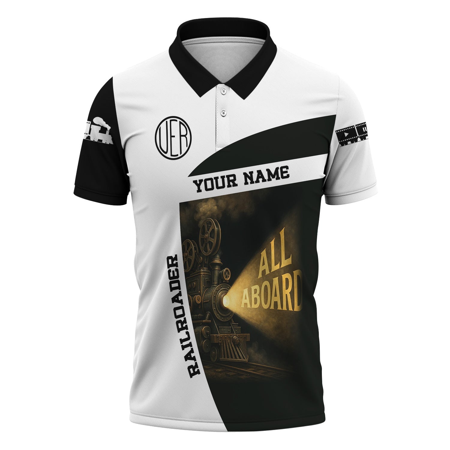 Railspirit Personalized Union Electric Railway Polo Shirt All Aboard Steam Train Movie Projector Style Shirt