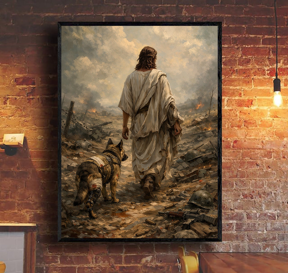 Jesus Walking with Military Dog Wall Art Canvas, Christian Veteran Canvas Print, Faith and Warrior Artwork, Patriotic Religious Decor, Soldier Tribute Gift