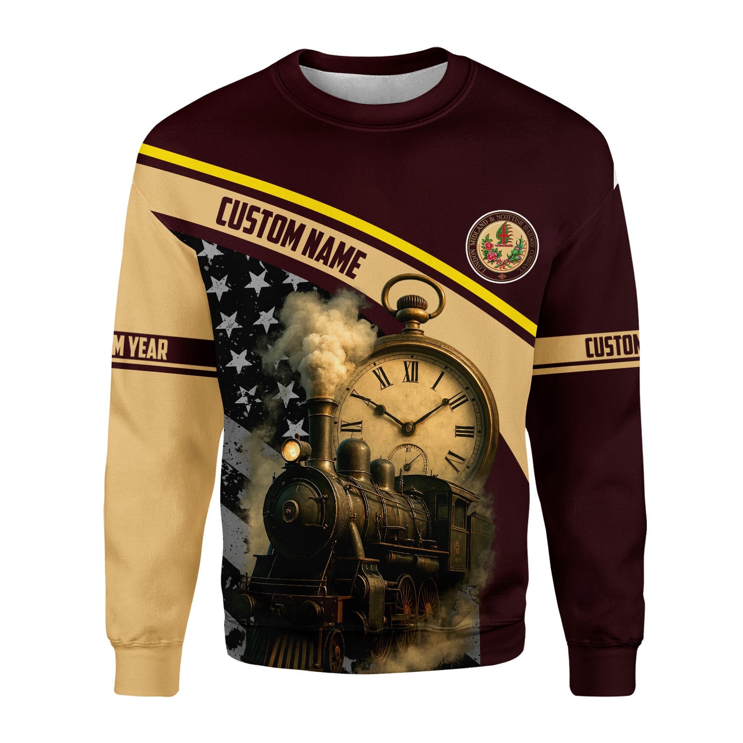 Railspirit Personalized London, Midland and Scottish Railway Sweatshirt Classic Steam Engine With Retro Pocket Watch Shirt All Over Print