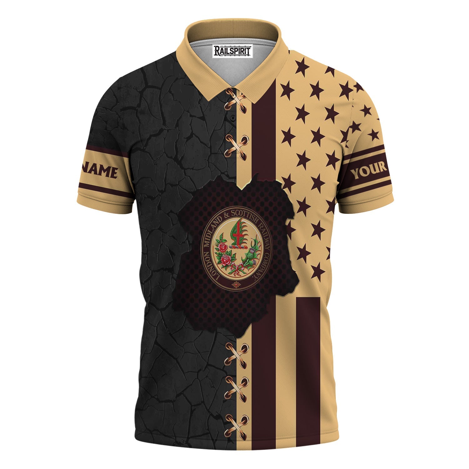 Railspirit Personalized London, Midland and Scottish Railway Polo Shirt American Flag with Crack Effect Train Shirt