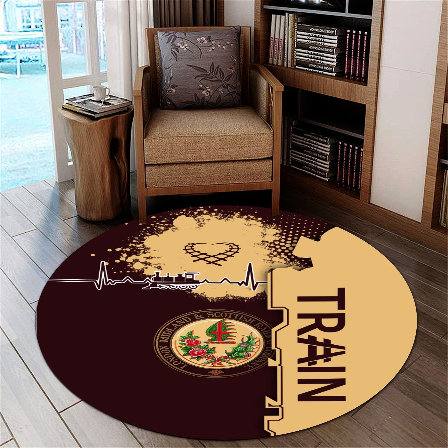 Railspirit London, Midland and Scottish Railway Round Mat Engine Heartbeat and Track Love Style Mat Gift Idea For Train Lovers