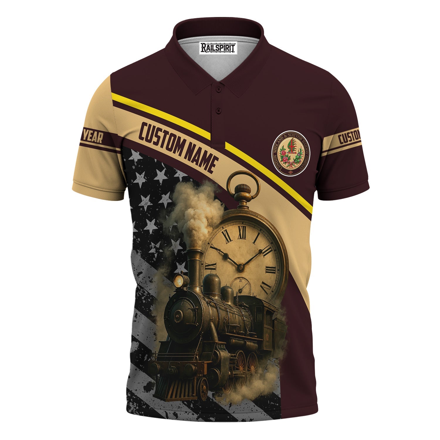 Railspirit Personalized London, Midland and Scottish Railway Polo Shirt Classic Steam Engine With Retro Pocket Watch Shirt All Over Print