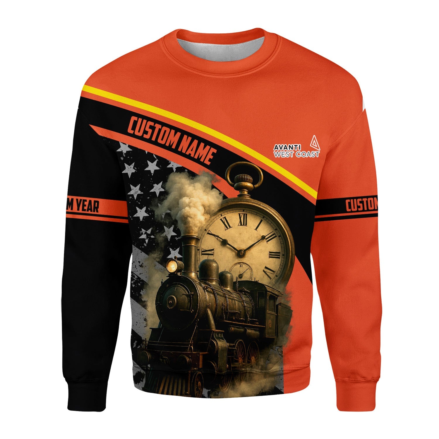Railspirit Personalized Avanti West Coast Sweatshirt Classic Steam Engine With Retro Pocket Watch Shirt All Over Print