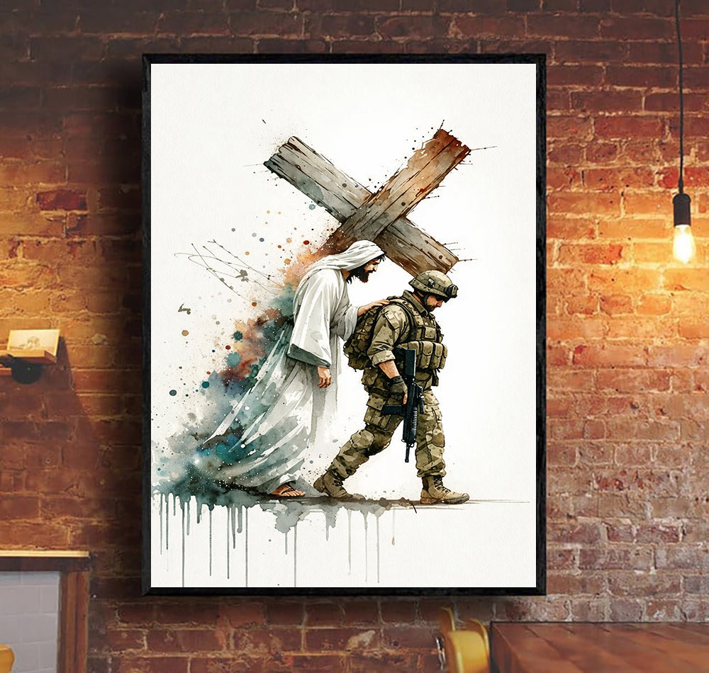 Jesus and Soldier Wall Art, Faith and Protection Artwork, Christian Military Poster, Inspirational Home Decor, Gift for Veteran