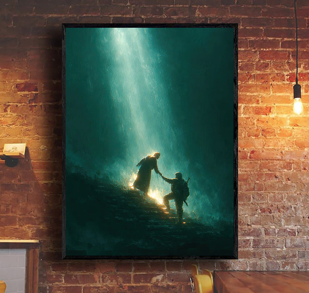Christian Wall Art Jesus Saves Soldier, Faith Based Canvas Artwork, Inspirational Religious Home Decor Gift