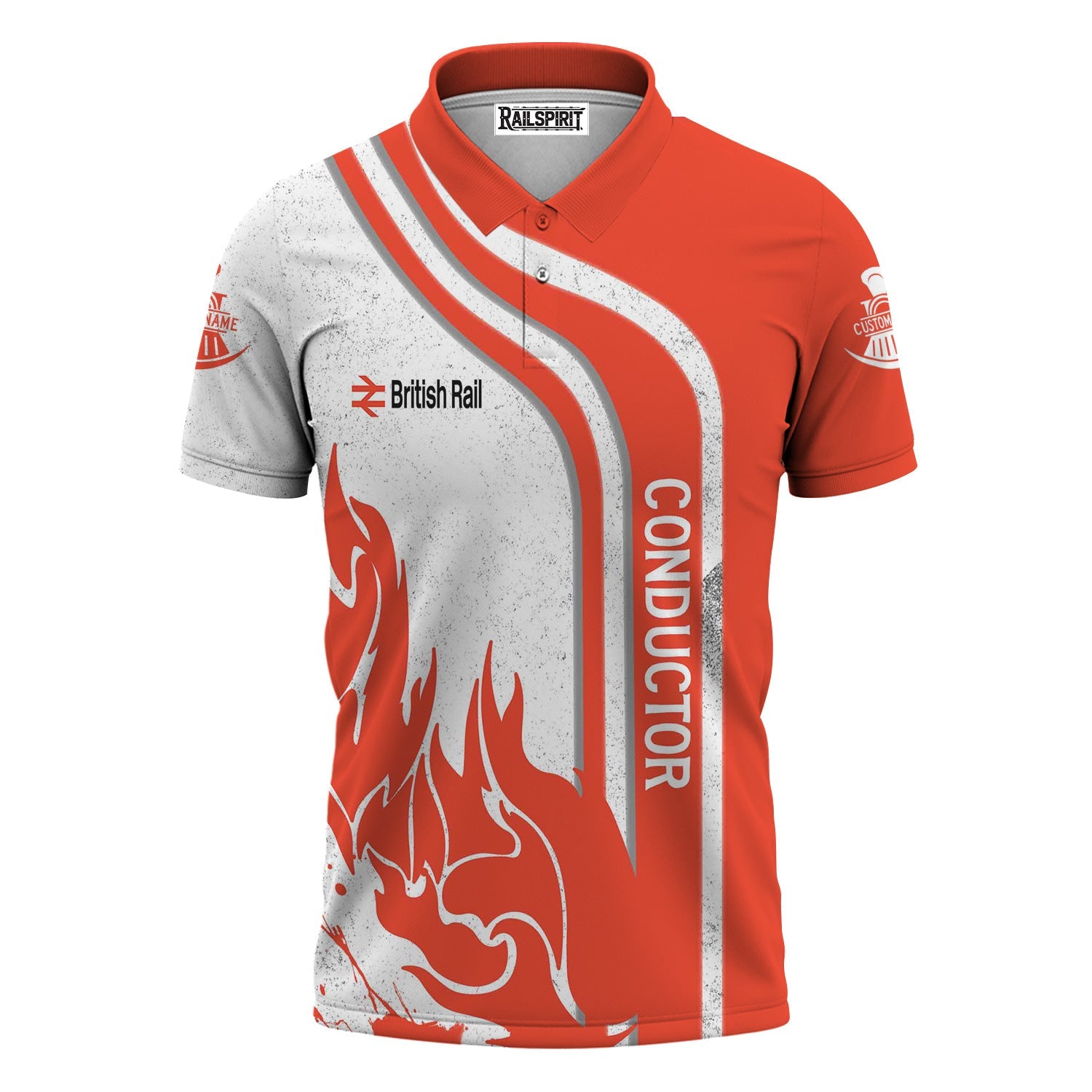 Railspirit Personalized British Railway Polo Shirt Flame Design with Custom Job Position Train Shirt
