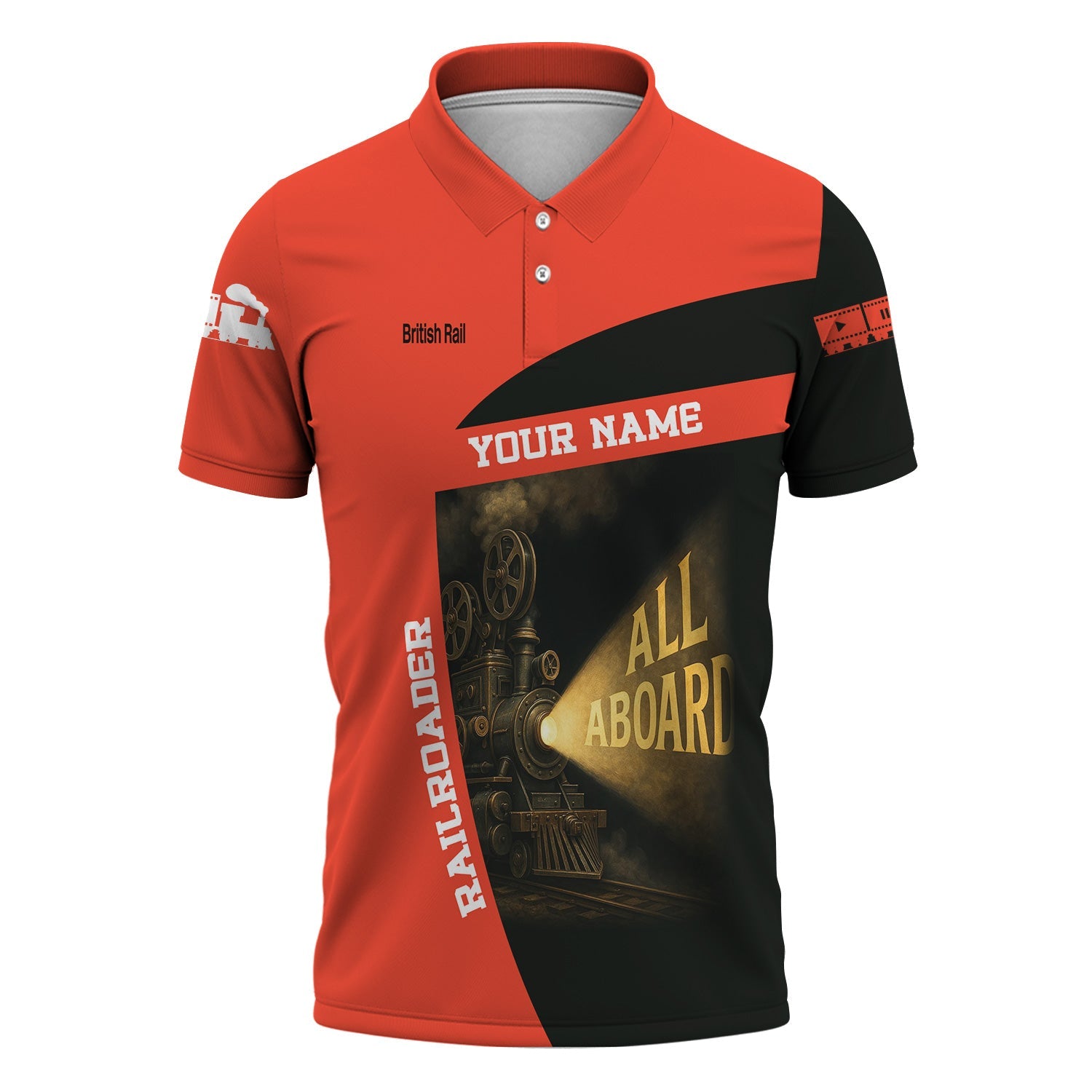 Railspirit Personalized British Railway Polo Shirt All Aboard Steam Train Movie Projector Style Shirt