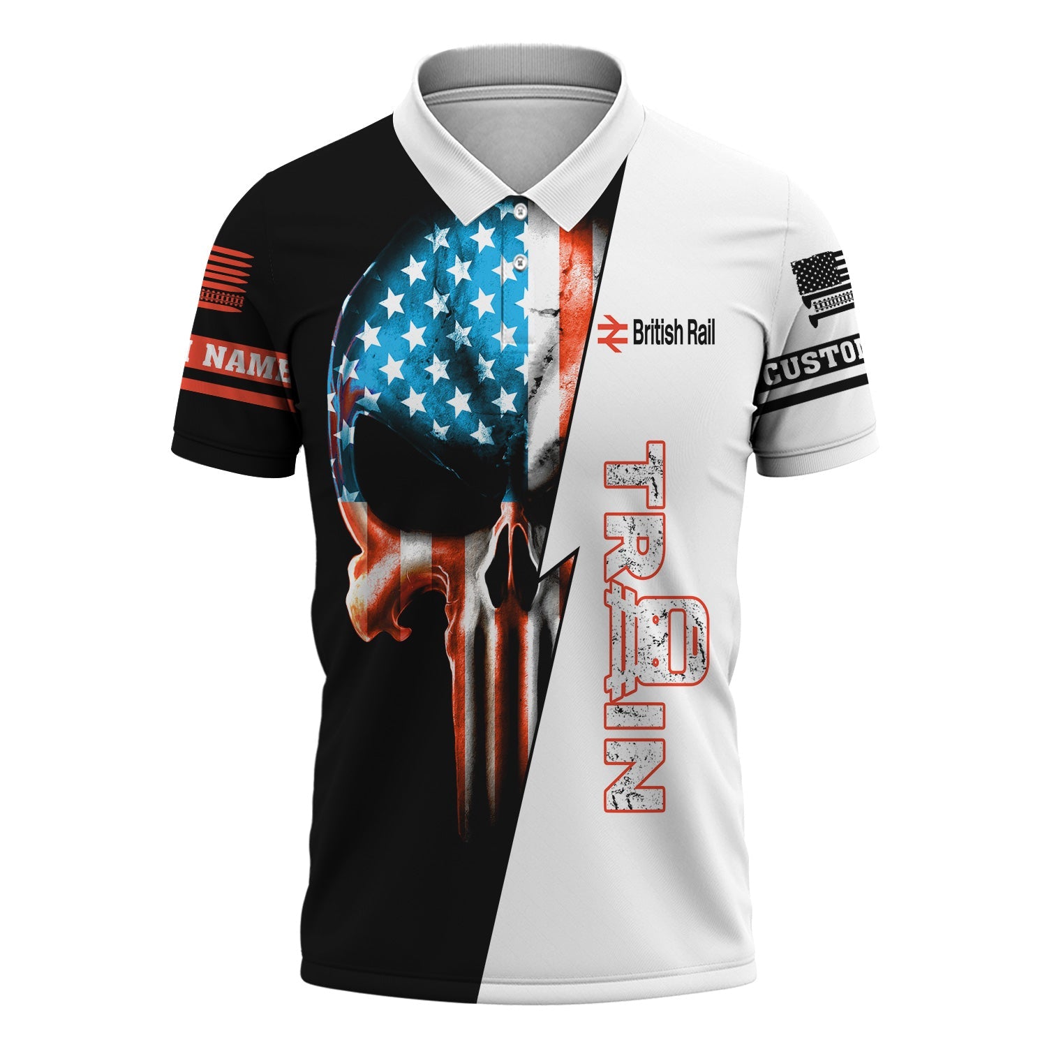 Railspirit Personalized British Railway Polo Shirt Train Skull American Flag Shirt All Over Print