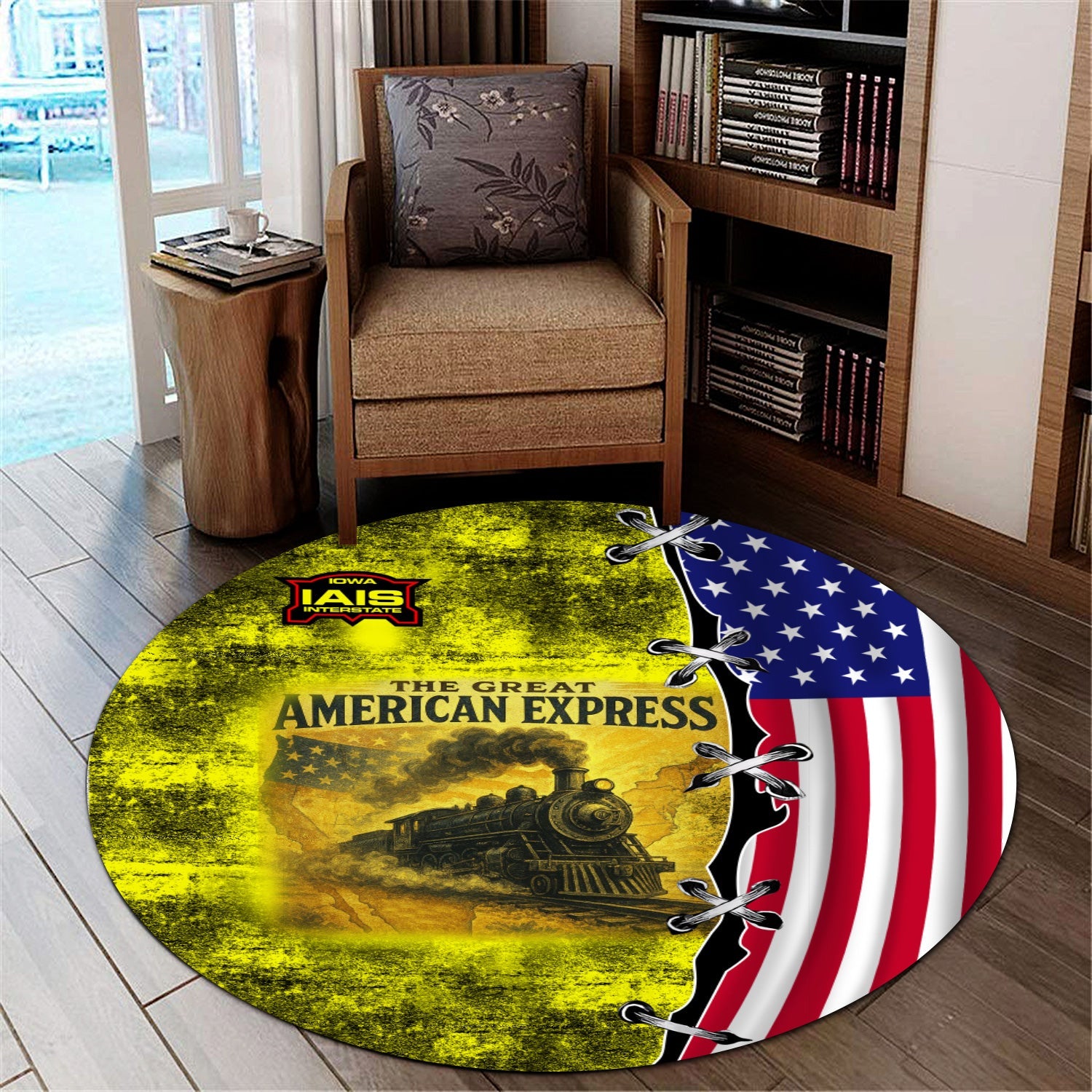 Railspirit Iowa Interstate Railroad Round Mat Retro American Express Train With USA Flag IAIS Round Mat