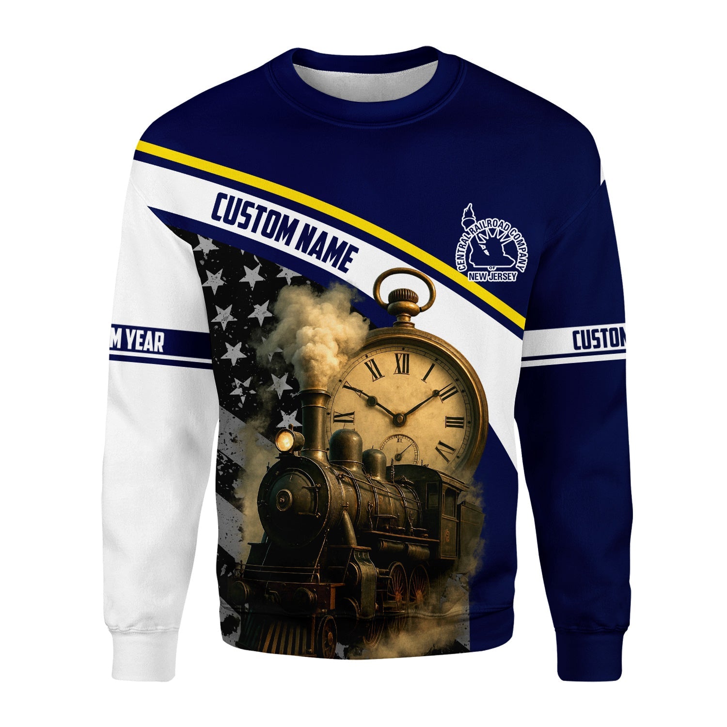 Railspirit Personalized CNJ Jersey Central Railroad Sweatshirt Classic Steam Engine With Retro Pocket Watch Shirt All Over Print