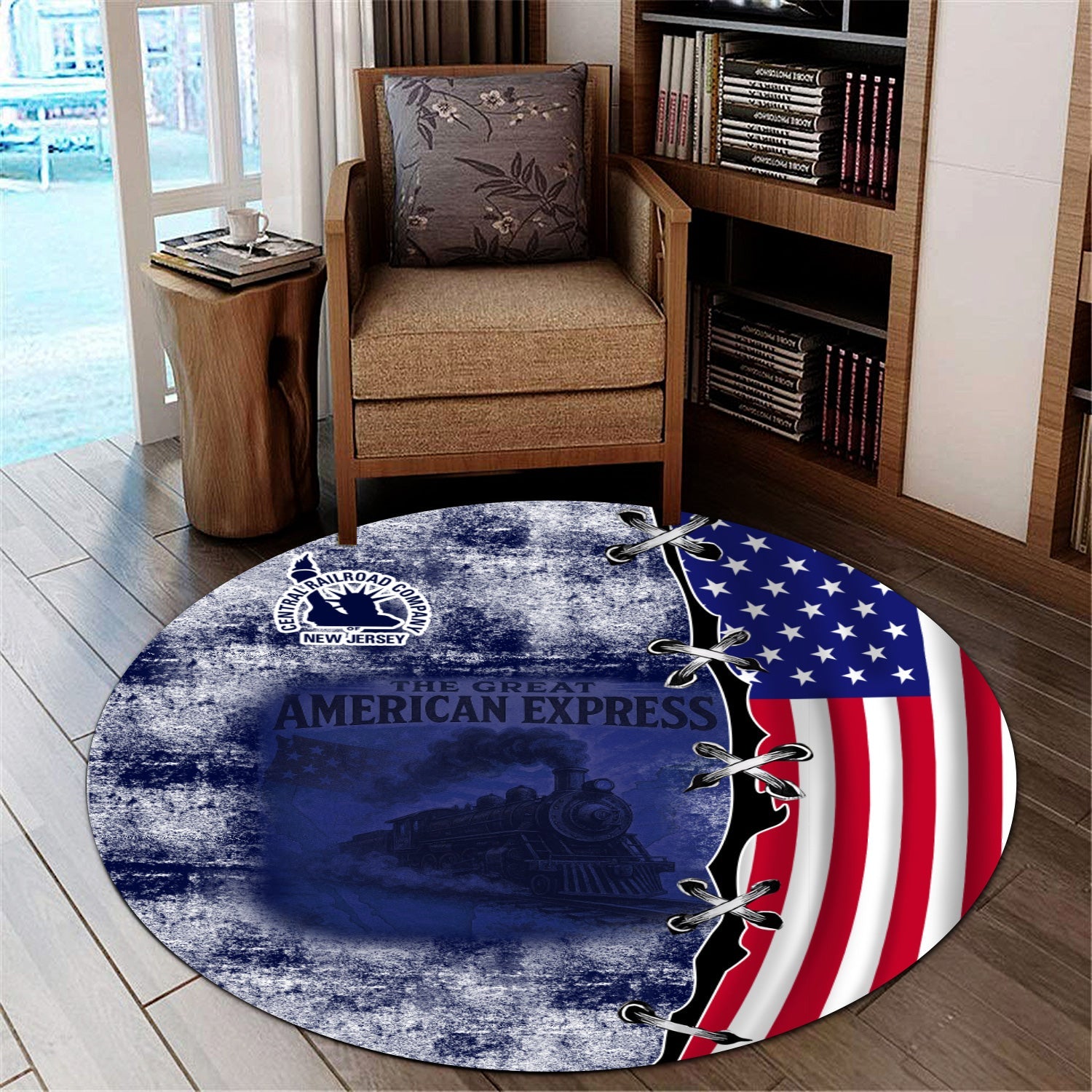Railspirit Jersey Central Railroad Round Mat Retro American Express Train With USA Flag CNJ Round Mat