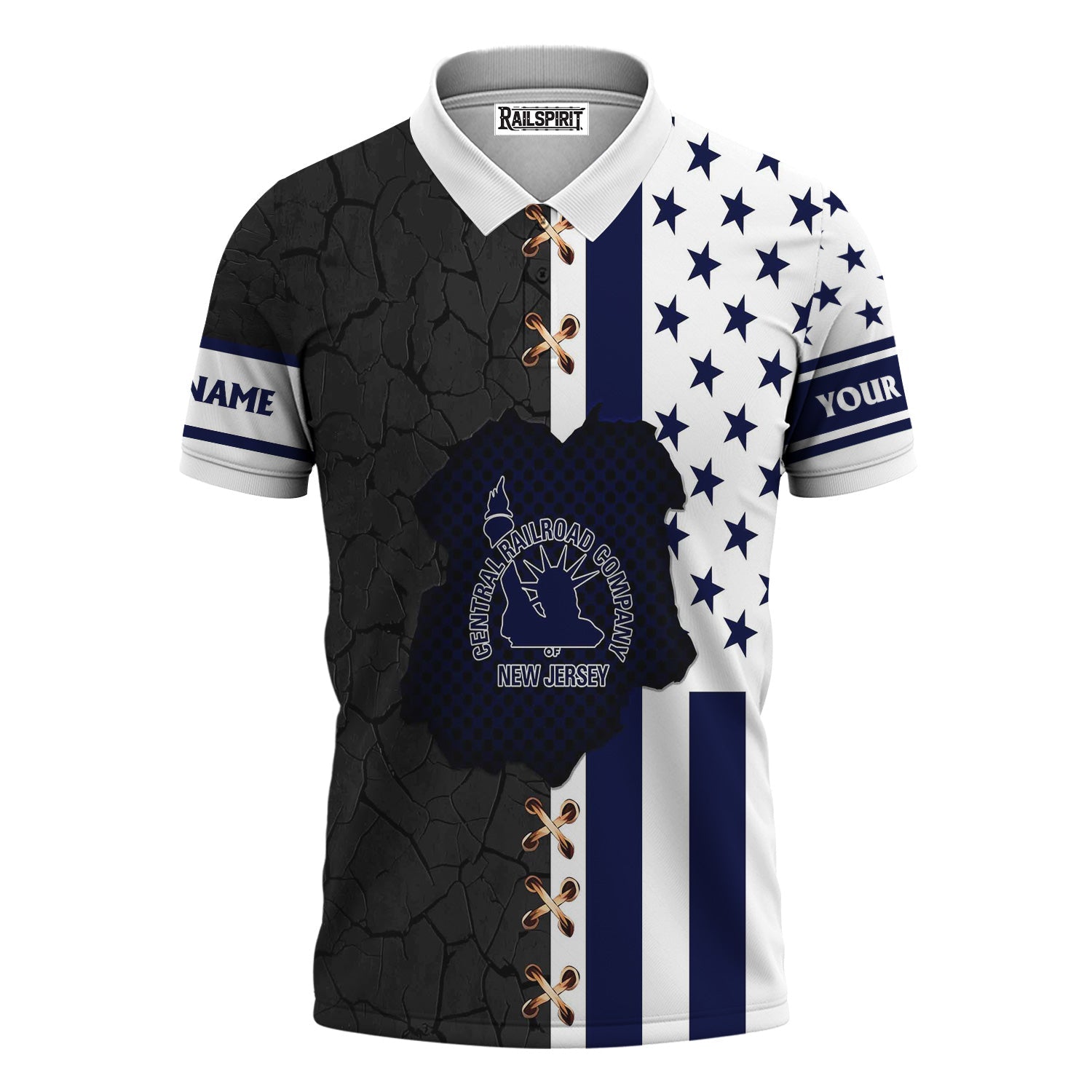 Railspirit Personalized Jersey Central Railroad Polo Shirt American Flag with Crack Effect CNJ Train Shirt