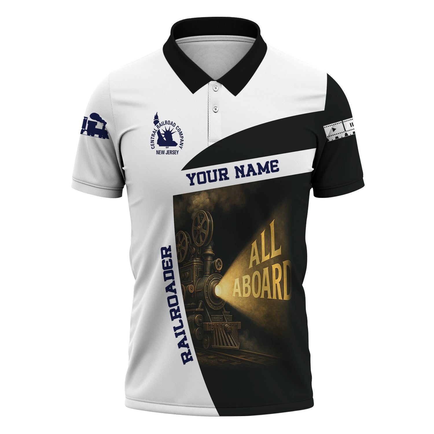 Railspirit Personalized Jersey Central Railroad Polo Shirt All Aboard Steam Train Movie Projector Style Shirt