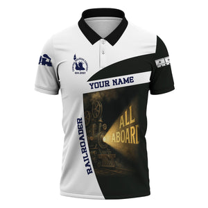 Railspirit Personalized Jersey Central Railroad Polo Shirt All Aboard Steam Train Movie Projector Style Shirt