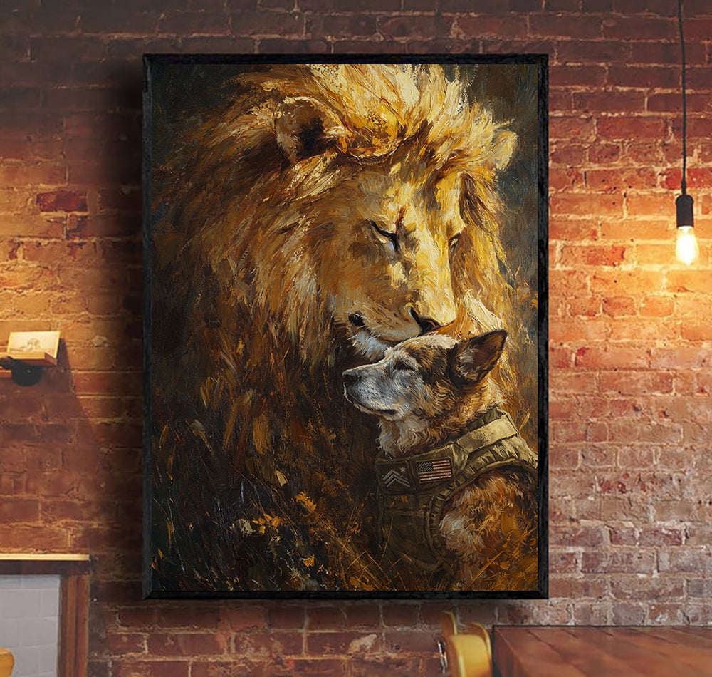 Lion and Military Dog Canvas Wall Art, Veteran Gift, Warrior Spirit Painting, Guardian Lion Artwork, Military Dog Tribute Print, Rustic Wall Decor