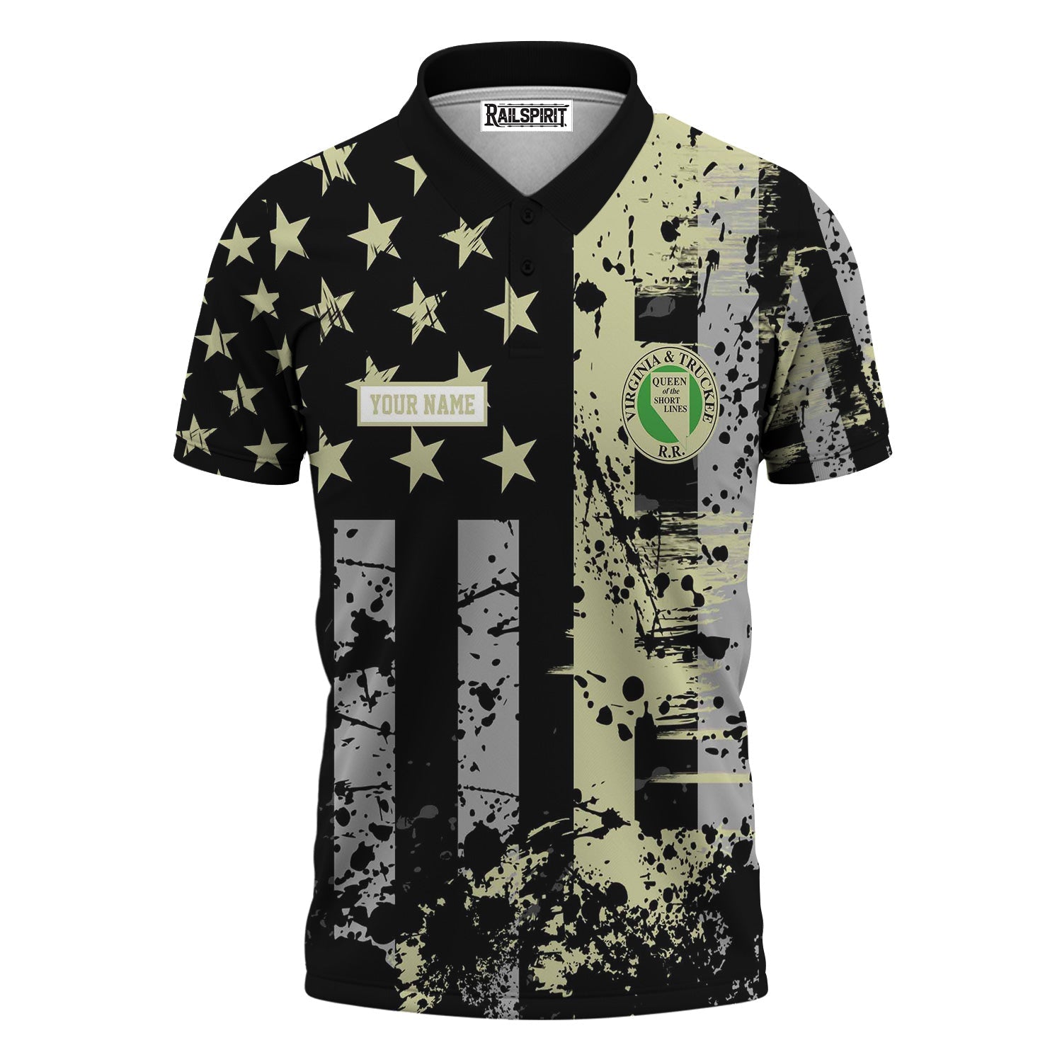 Railspirit Personalized Virginia & Truckee Railroad Polo Shirt Artistic Paint American Flag Style Train Shirt