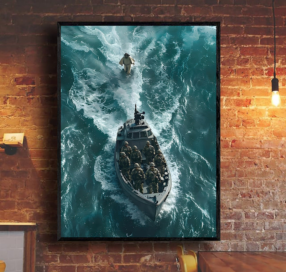Jesus Walking on Water Wall Art, Christian Military Boat Artwork, Faith Over Fear Canvas Print, Inspirational Christian Decor