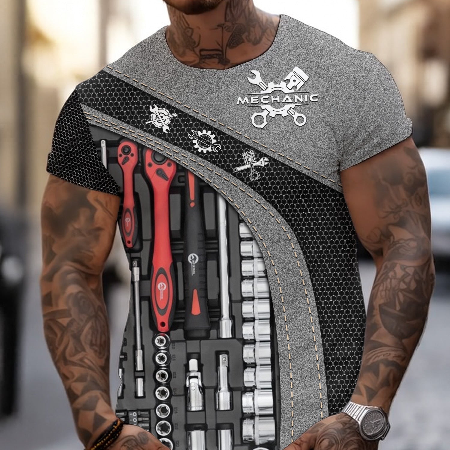 Mechanic Shirt Tools Design, Adjustable Wrench, Socket Set, Gear Icons, Cool Work Shirt For Men, Mechanics & Auto Enthusiasts, Perfect Gift