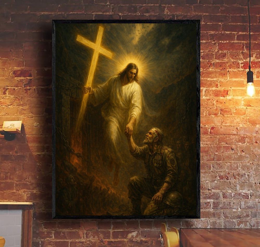Jesus Saving Soldier Wall Art Canvas, Christian Religious Wall Decor, Jesus with Cross Painting, Inspirational Faith Artwork for Home