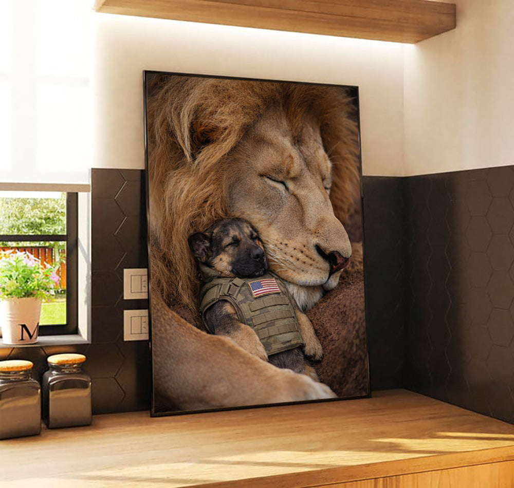 Lion and Military Puppy Wall Art Canvas, Patriotic Dog and Lion Poster, Veteran Tribute Animal Artwork, Guardian Lion Decor, Military Dog Lover Gift