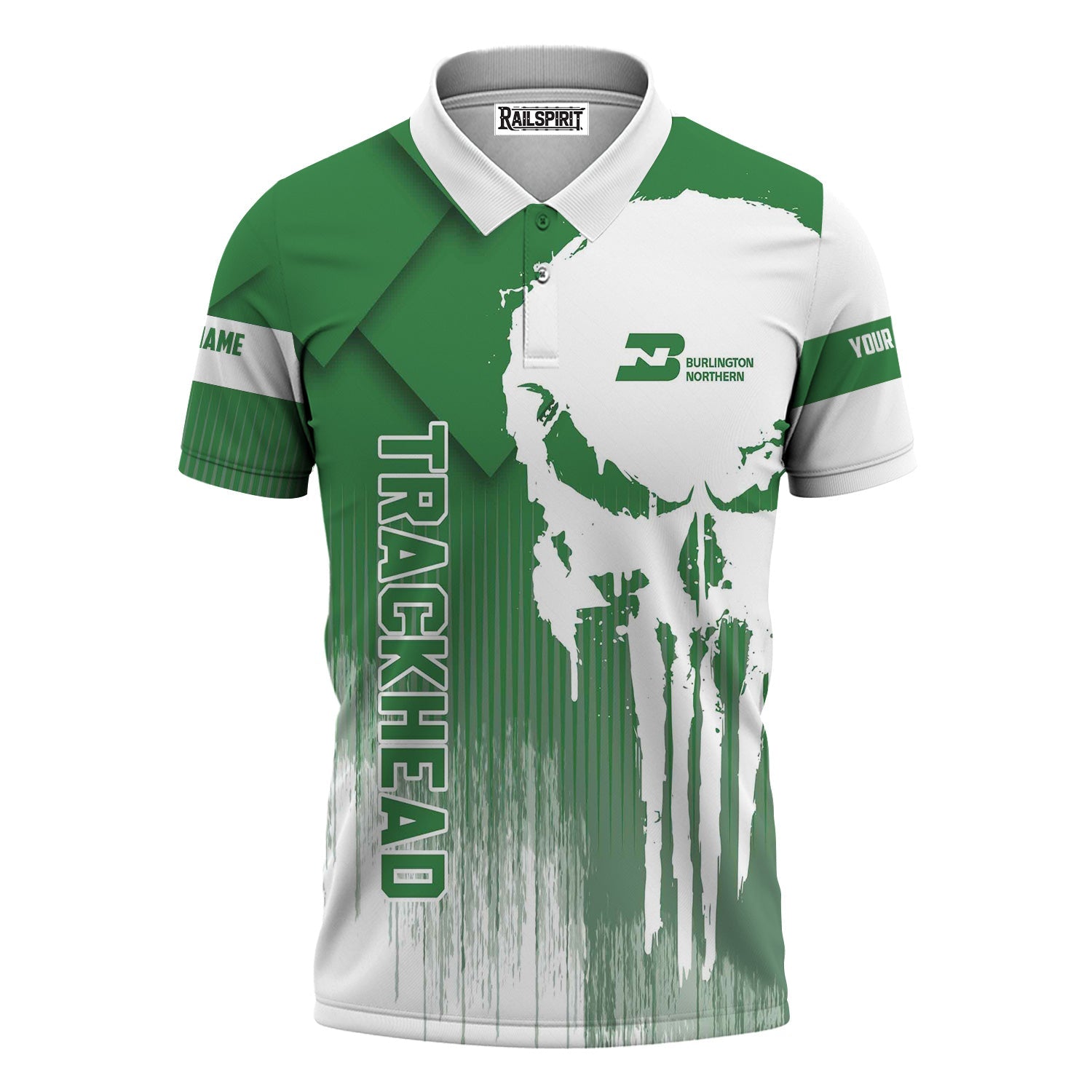Railspirit Personalized Burlington Northern Railroad Polo Shirt Skull Design with Custom Job Train Shirt for Trackhead Crew