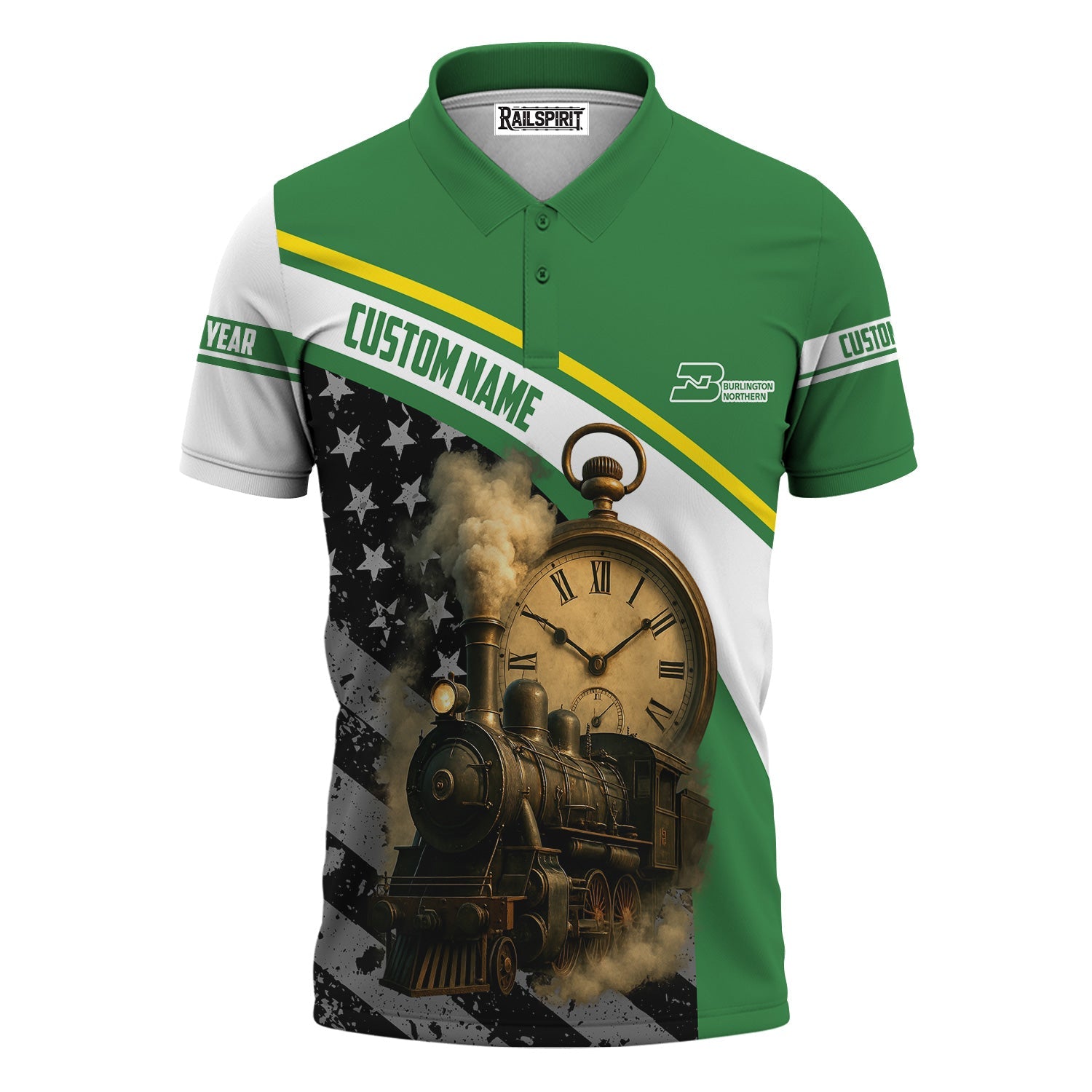 Railspirit Personalized Burlington Northern Railroad Polo Shirt Classic Steam Engine With Retro Pocket Watch Shirt All Over Print