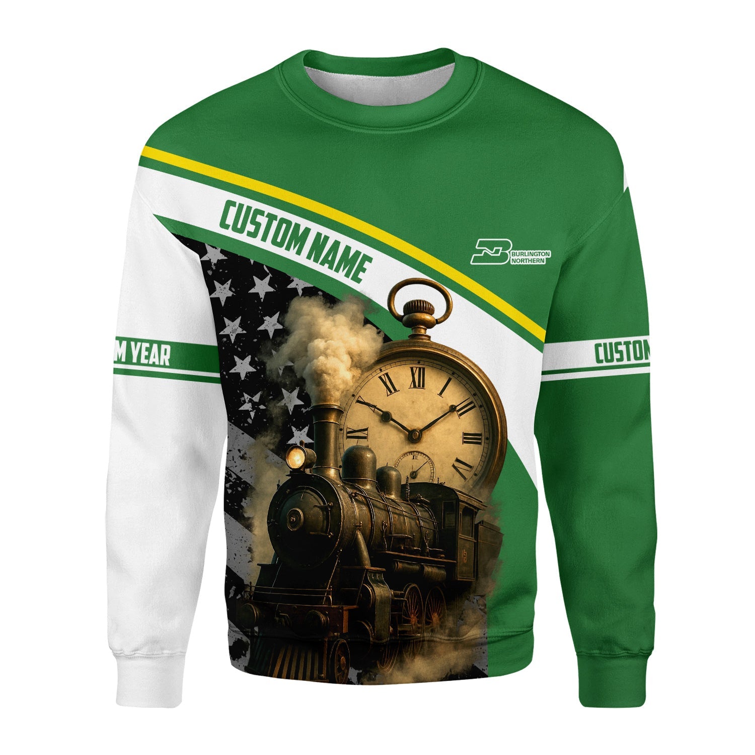 Railspirit Personalized Burlington Northern Railroad Sweatshirt Classic Steam Engine With Retro Pocket Watch Shirt All Over Print