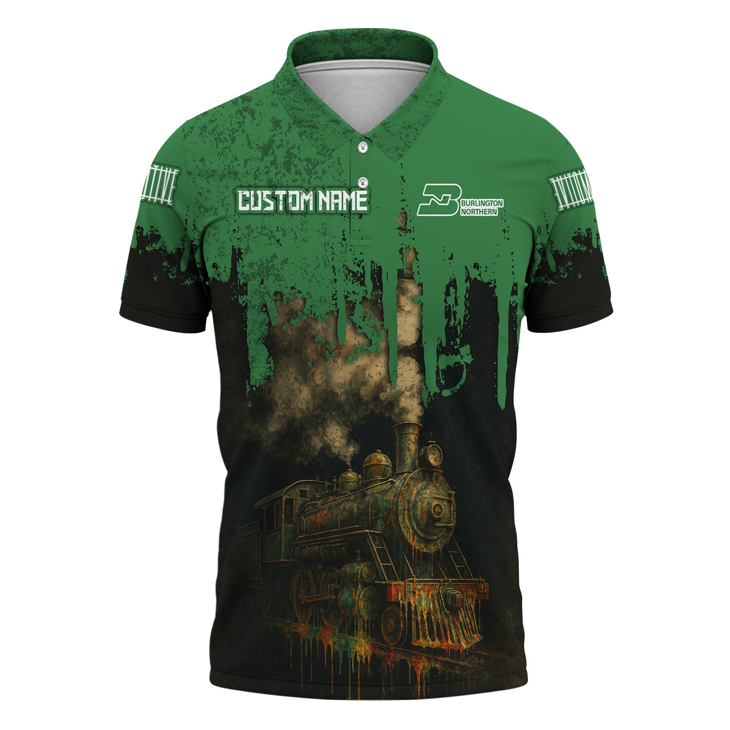 Railspirit Personalized Burlington Northern Railroad Polo Shirt Vintage Train Art Style Shirt For Locomotive Fans