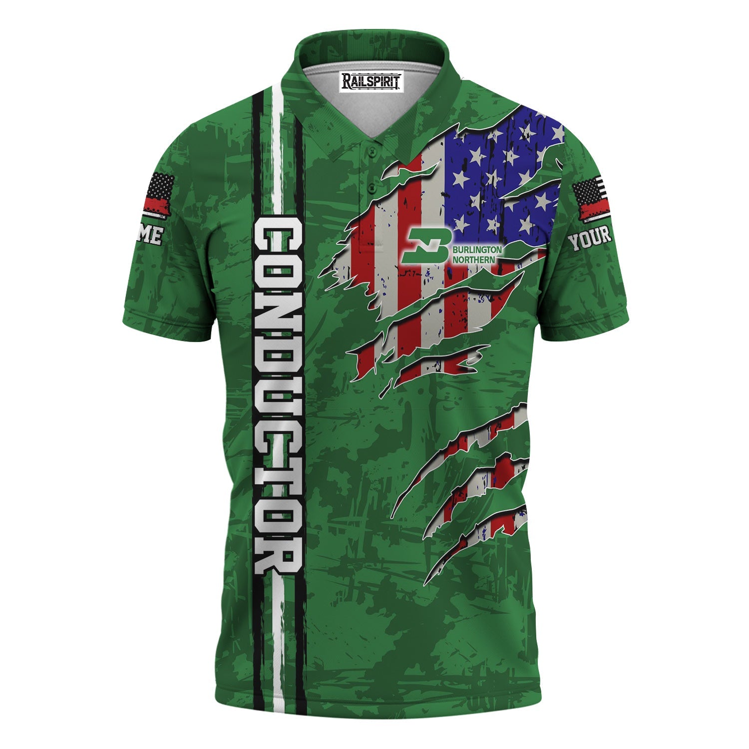Railspirit Personalized Burlington Northern Railroad Polo Shirt USA Flag Claw Art with Custom Job Train Shirt