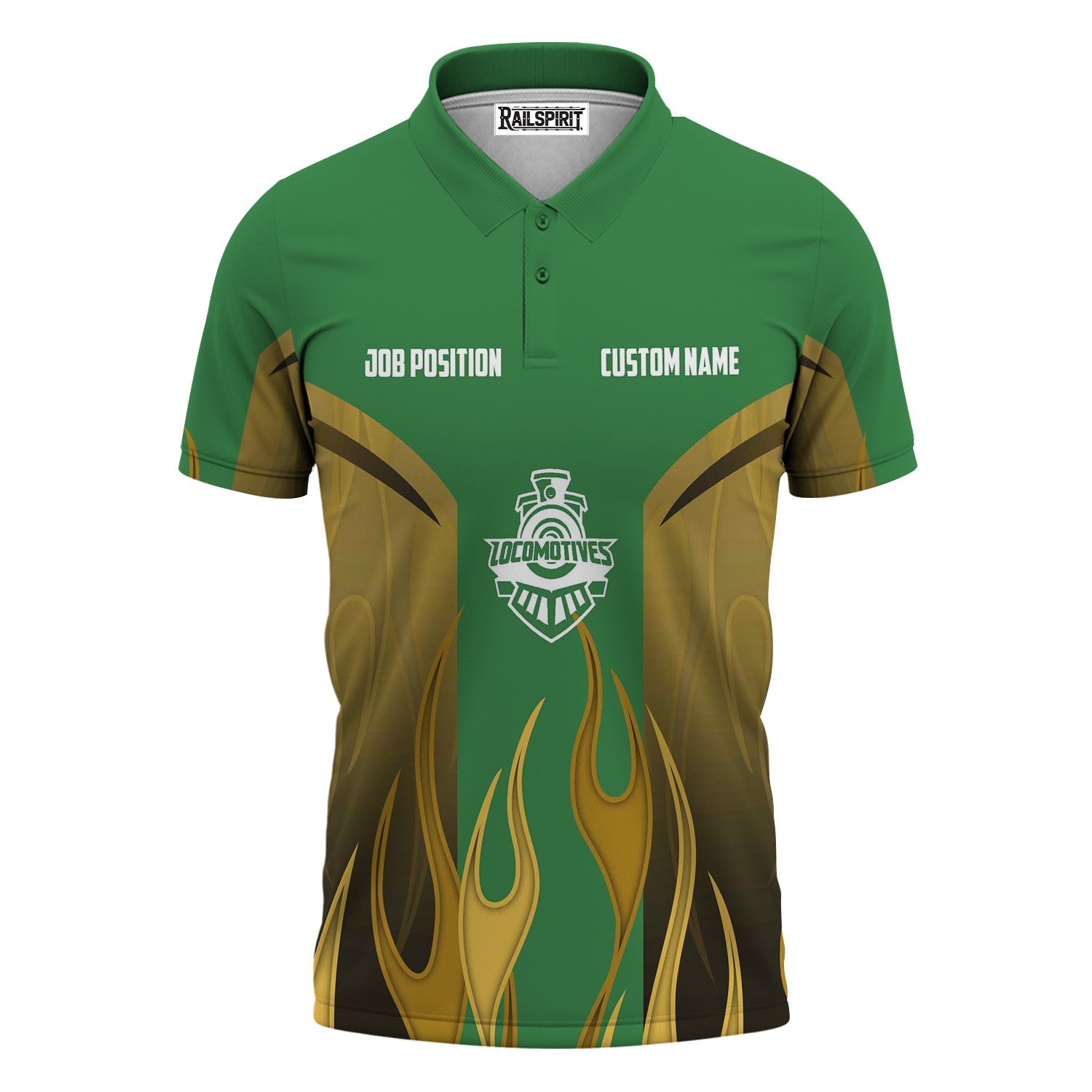 Railspirit Custom Name and Job Title Burlington Northern Railroad Polo Shirt Flame Graphic Train Shirt
