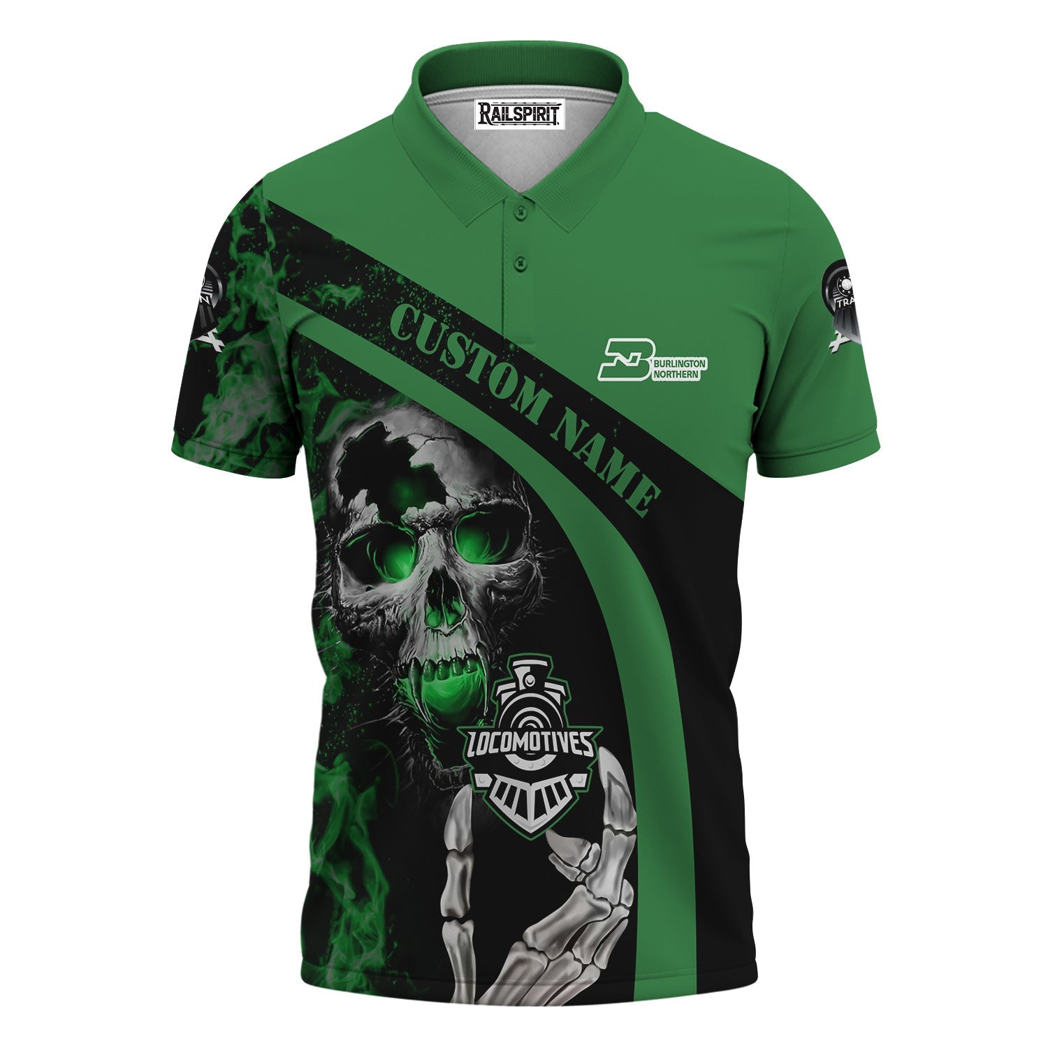 Railspirit Personalized Burlington Northern Railroad Polo Shirt Flame Skull Design Train Shirt for Locomotive Fans