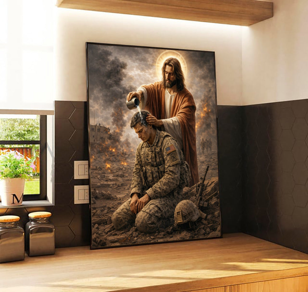 Jesus Blessing Soldier Wall Art Canvas, Christian Military Artwork with Halo Christ, Soldier Kneeling in Battlefield, Faith Wall Decor Gift