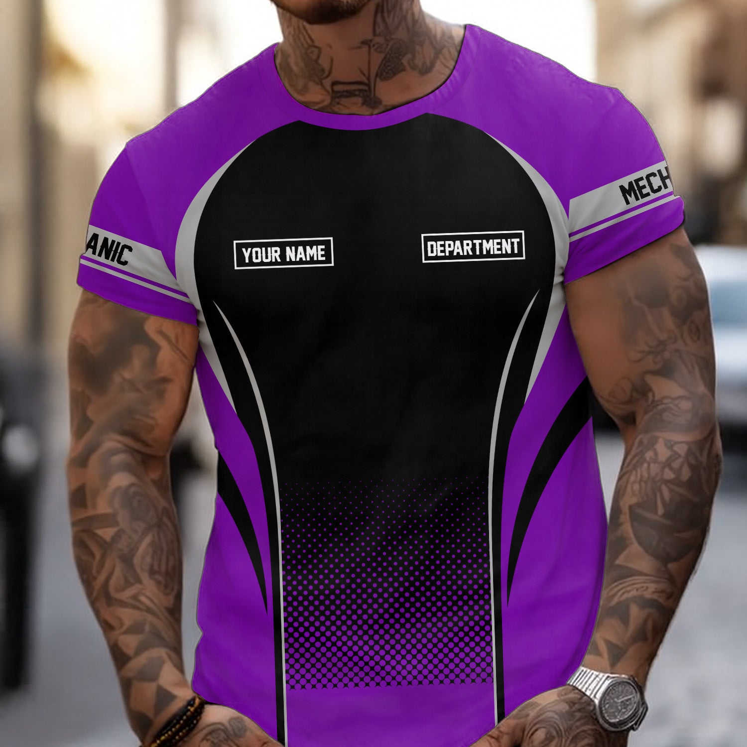 Custom Mechanic Shirt, Personalized Work Uniform, Custom Name & Department, Cool Mechanic Graphic Tee, Purple Engine Skull Design