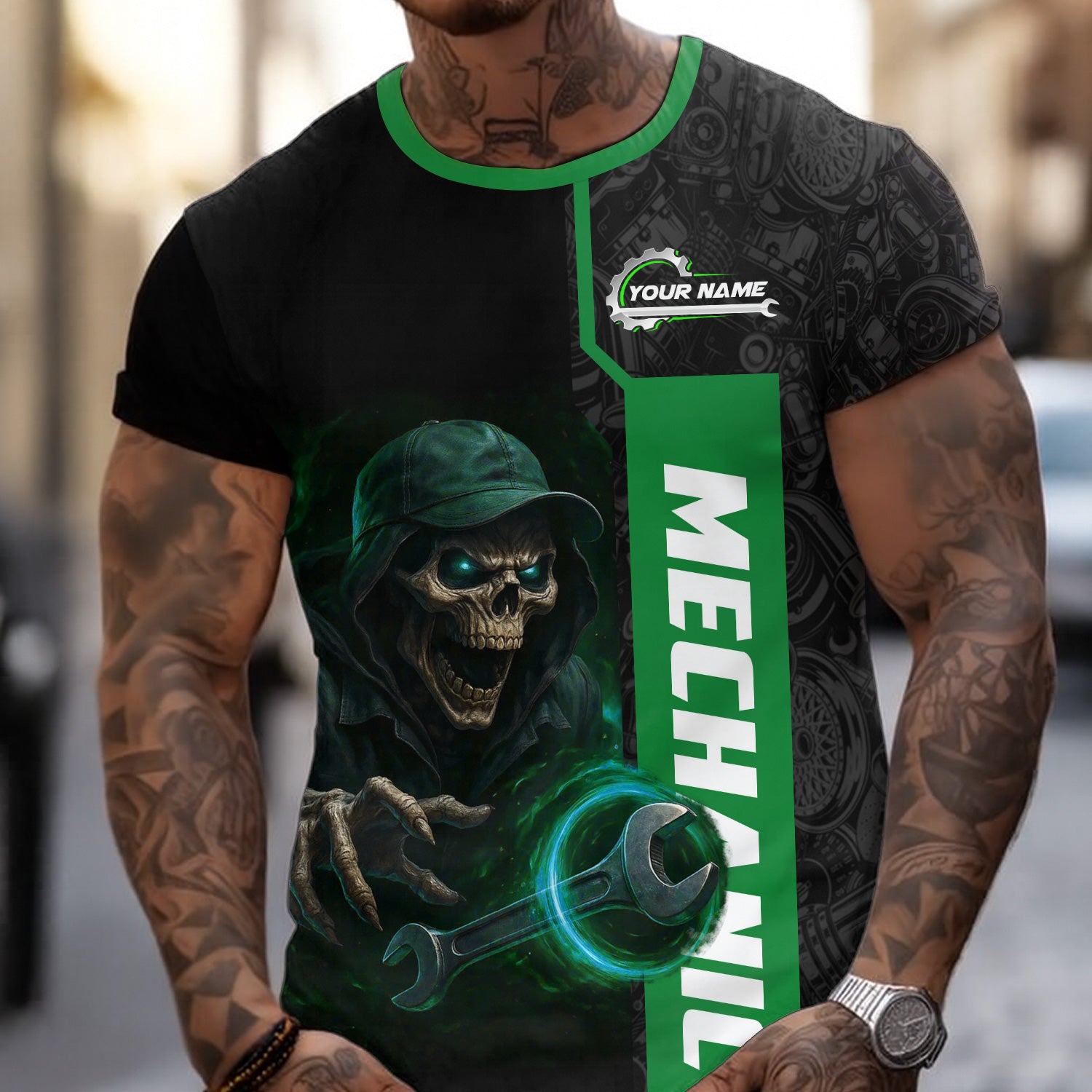 Personalized Mechanic Shirt for Men, Custom Name & Text, Skull & Wrench Design, Cool Mechanics Gift for Father, Husband, DIY Enthusiasts