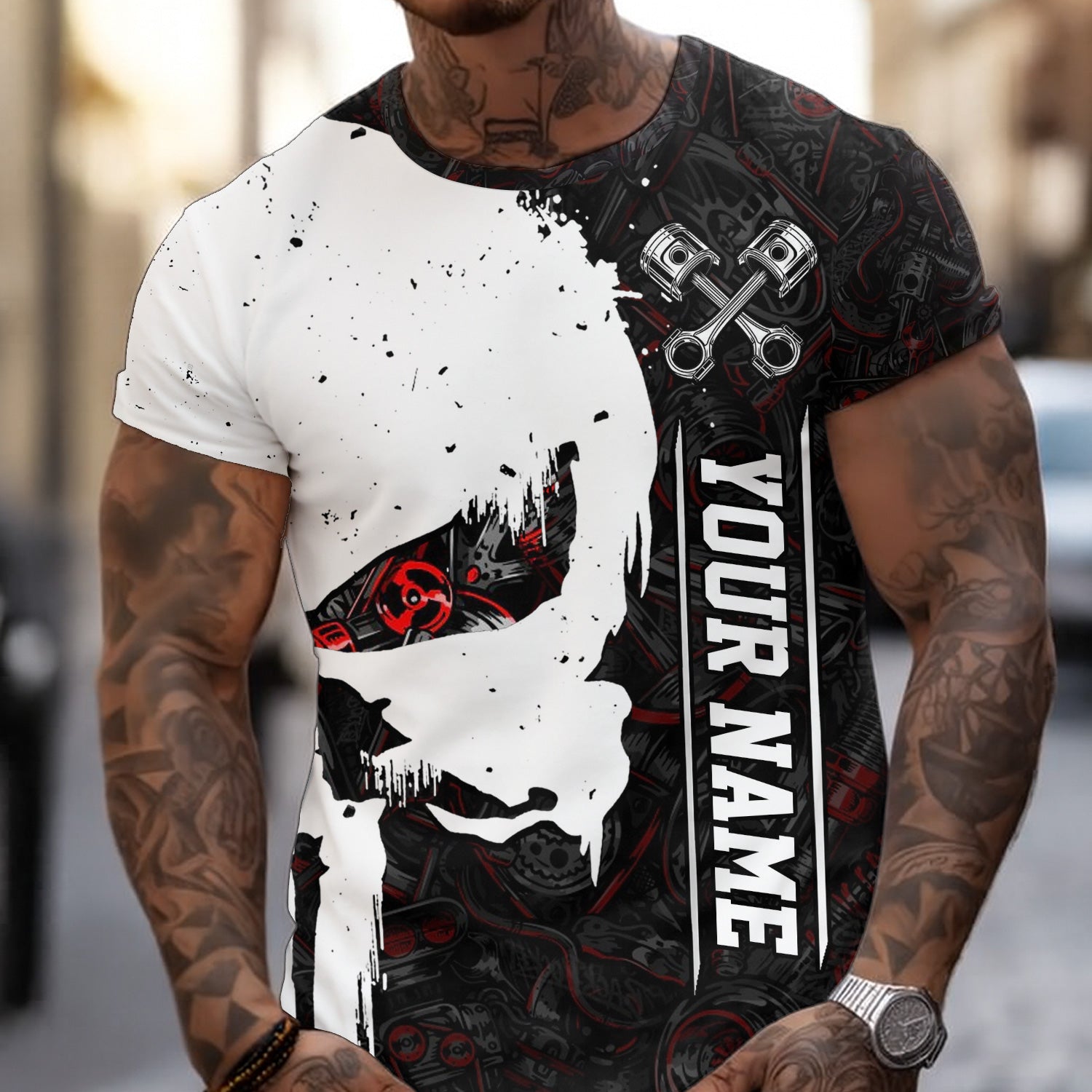 Personalized Mechanic Skull Shirt, Unique Gear Design, Gift for Mechanics & Motorheads, Funny Skull Shirt