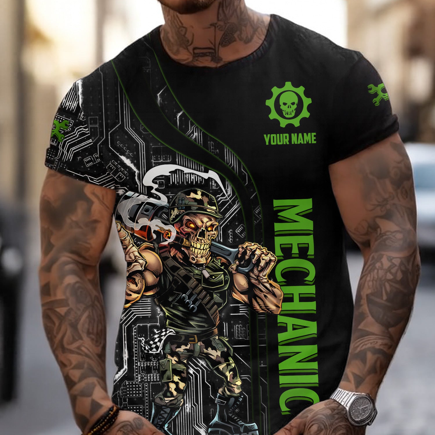 Personalized Mechanic T Shirt Custom Name Skull Wrench Auto Repair Garage Workwear Tee Funny Car Repair Shirt Gift for Men Dad Husband