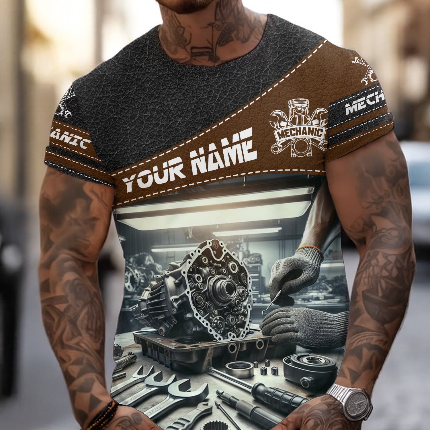 Personalized Mechanic T Shirt Custom Name Auto Repair Garage Workwear Tee Car Engine Tools Graphic Funny Car Repair Shirt Gift for Men