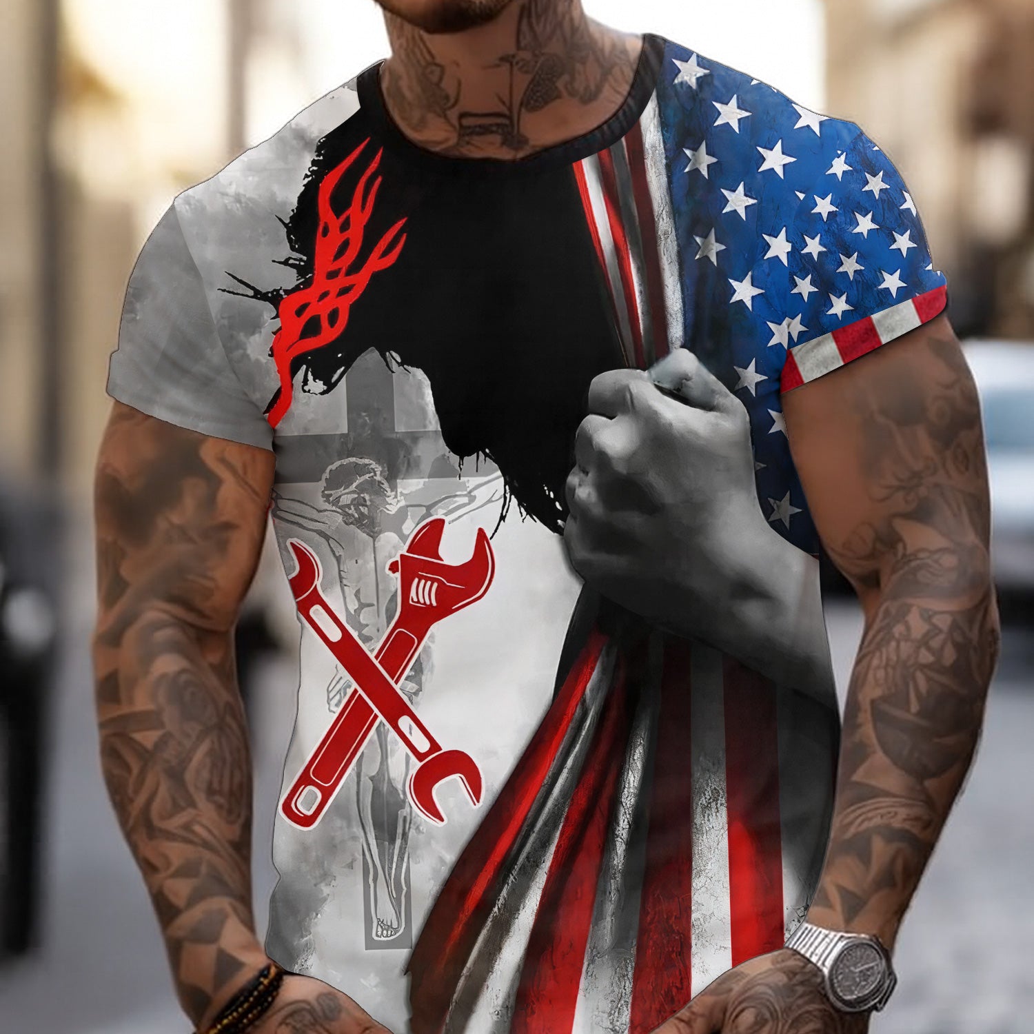 USA Flag Mechanic Wrench Shirt, Vintage Red, White & Blue Shirt for Workers, Bold American Pride Shirt