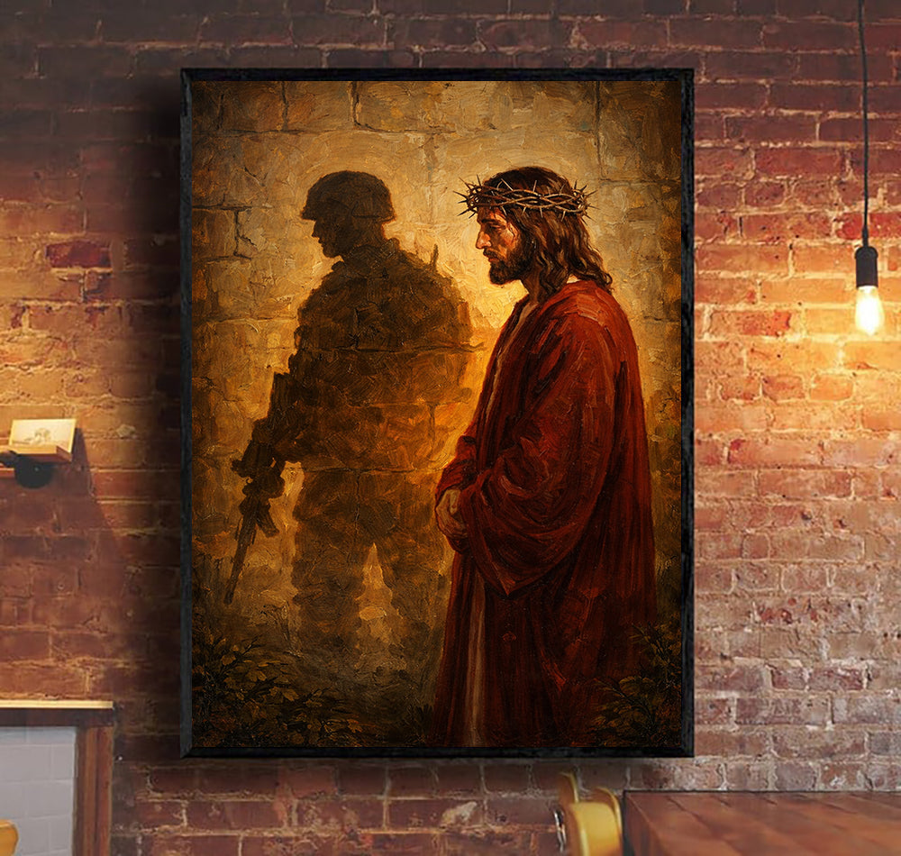 Jesus and Soldier Canvas Wall Art, Christian Military Decor, Faith and Protection Artwork, Veteran Gift, Religious Wall Print