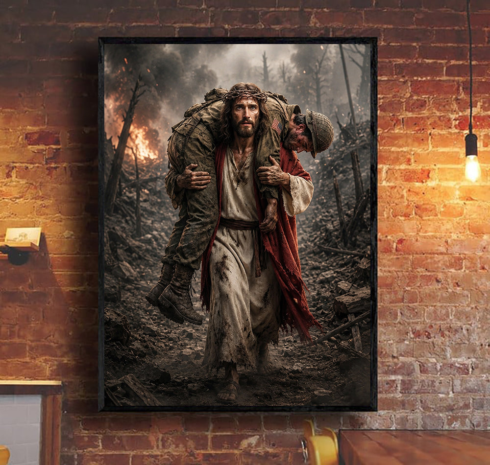 Jesus Carrying Soldier Printed Canvas, Father’s Day Gift for Dad, Christian Military Wall Art Decor with Battlefield Savior Design