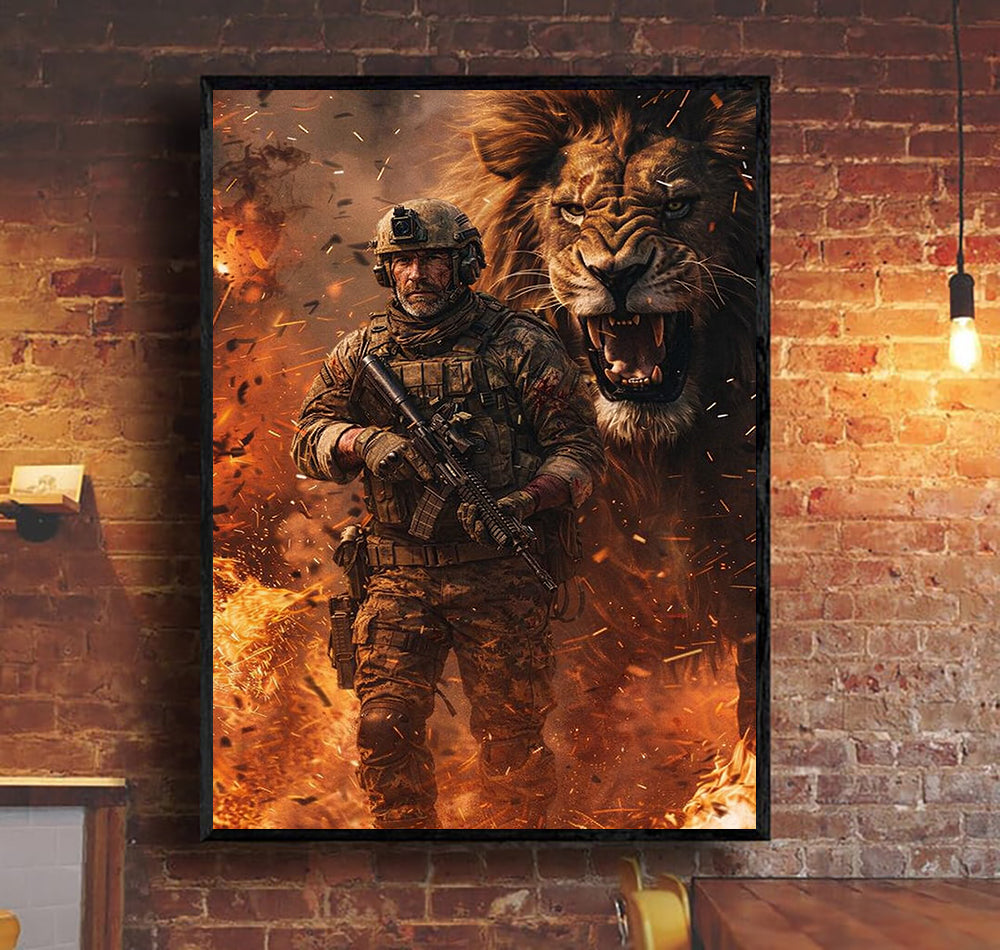 Soldier and Lion Canvas Wall Art, Patriotic Military Warrior Print, Courage Strength Artwork, Veteran Gift, Home Decor