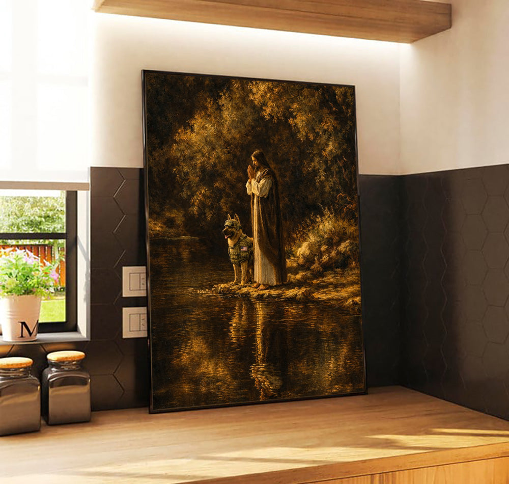 Jesus and Military Dog Prayer Printed Canvas Wall Art Christian Faith Poster Religious Veteran Memorial Gift for Dad Father’s Day Home Decor