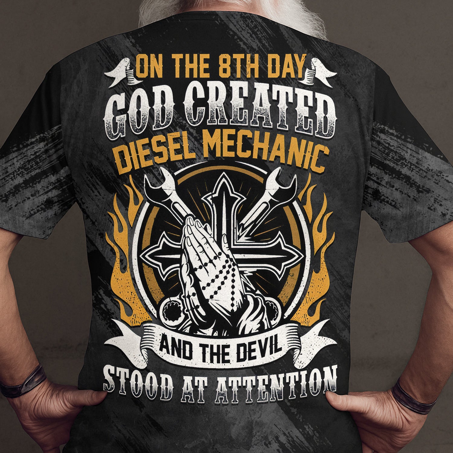 On the 8th Day God Created Diesel Mechanic T-Shirt, Christian Mechanic Hoodie with Cross, Praying Hands & Tools, Perfect Gift for Diesel Techs