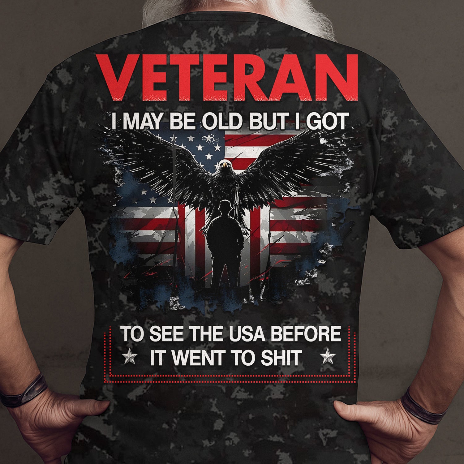Patriotic Veteran Shirt, Bald Eagle & Soldier Silhouette Design, American Flag Distressed Patriotic Tee for Proud Veterans