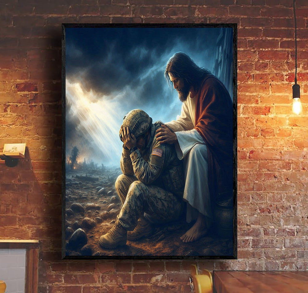 Jesus Comforting Soldier Printed Canvas Wall Art Christian Faith Military Design Father Day Gift For Dad Religious Home Decor