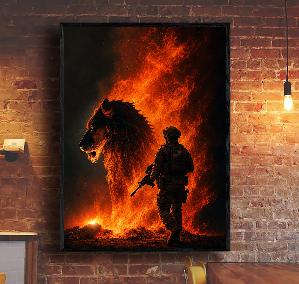 Fire Lion Soldier Printed Canvas Wall Art, Father’s Day Gift for Dad, Military Wall Art with Warrior and Flame Lion Design