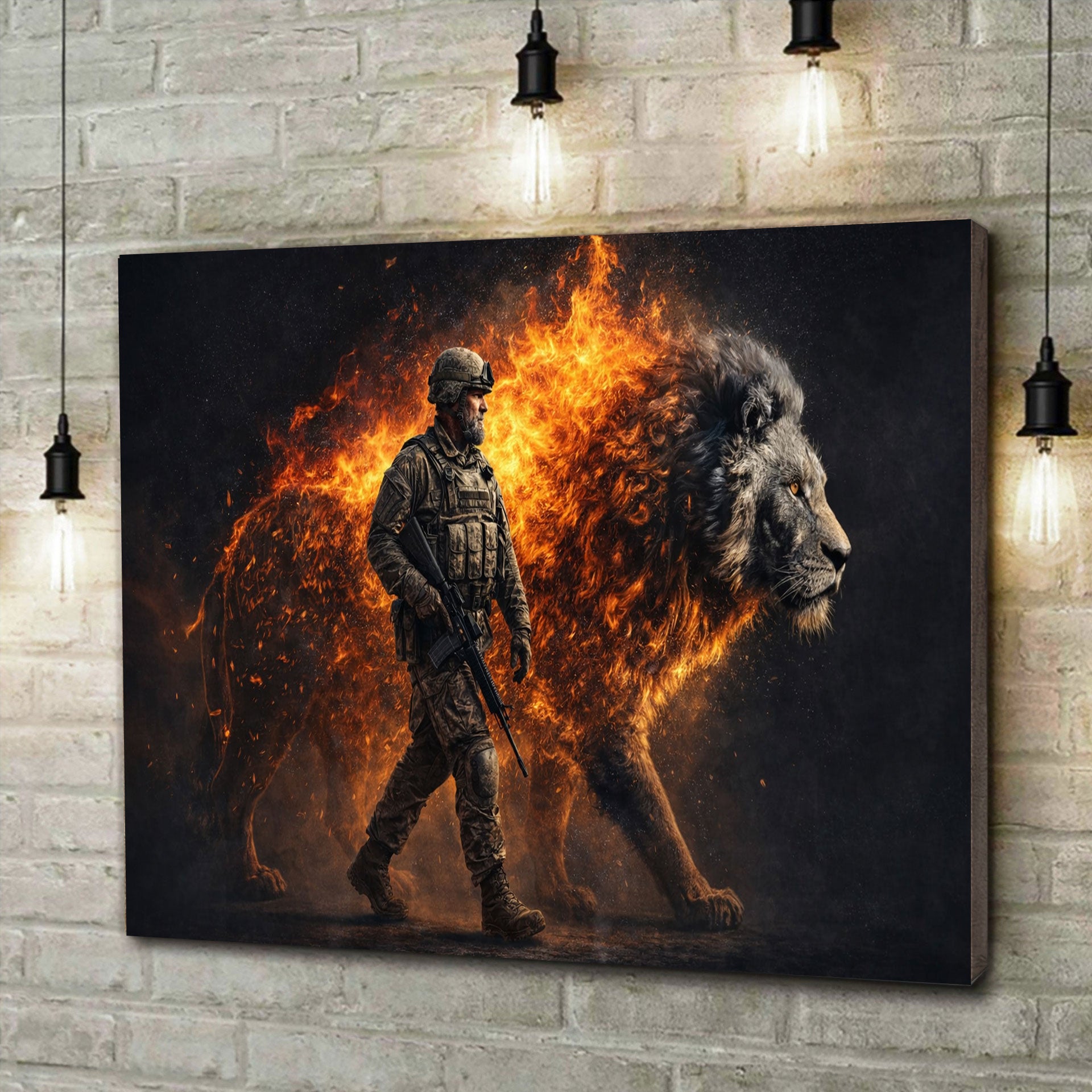 Soldier Walking With Fire Lion Printed Canvas Wall Art Powerful Warrior Spirit Lion Flame Artwork Gift For Dad Father Day Home Decor