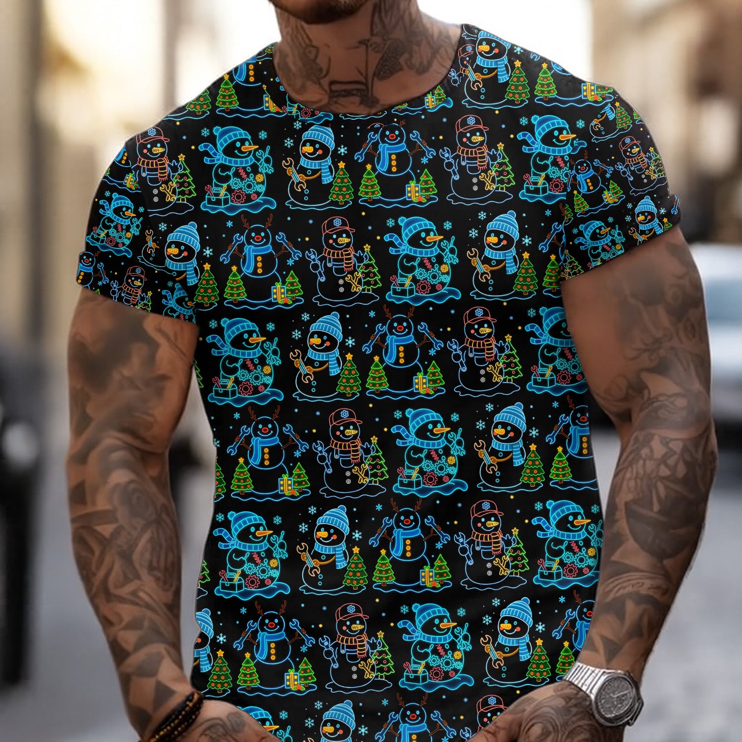 Mechanic Snowman Christmas All Over Print Shirt, Funny Holiday Mechanic Hoodie with Snowmen, Tools & Trees, Festive Winter Pattern