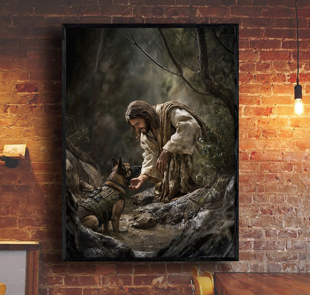 Jesus and Military Dog Printed Canvas, Father’s Day Gift for Dad, Christian Wall Art Decor with Soldier K9 and Faithful Protection Design